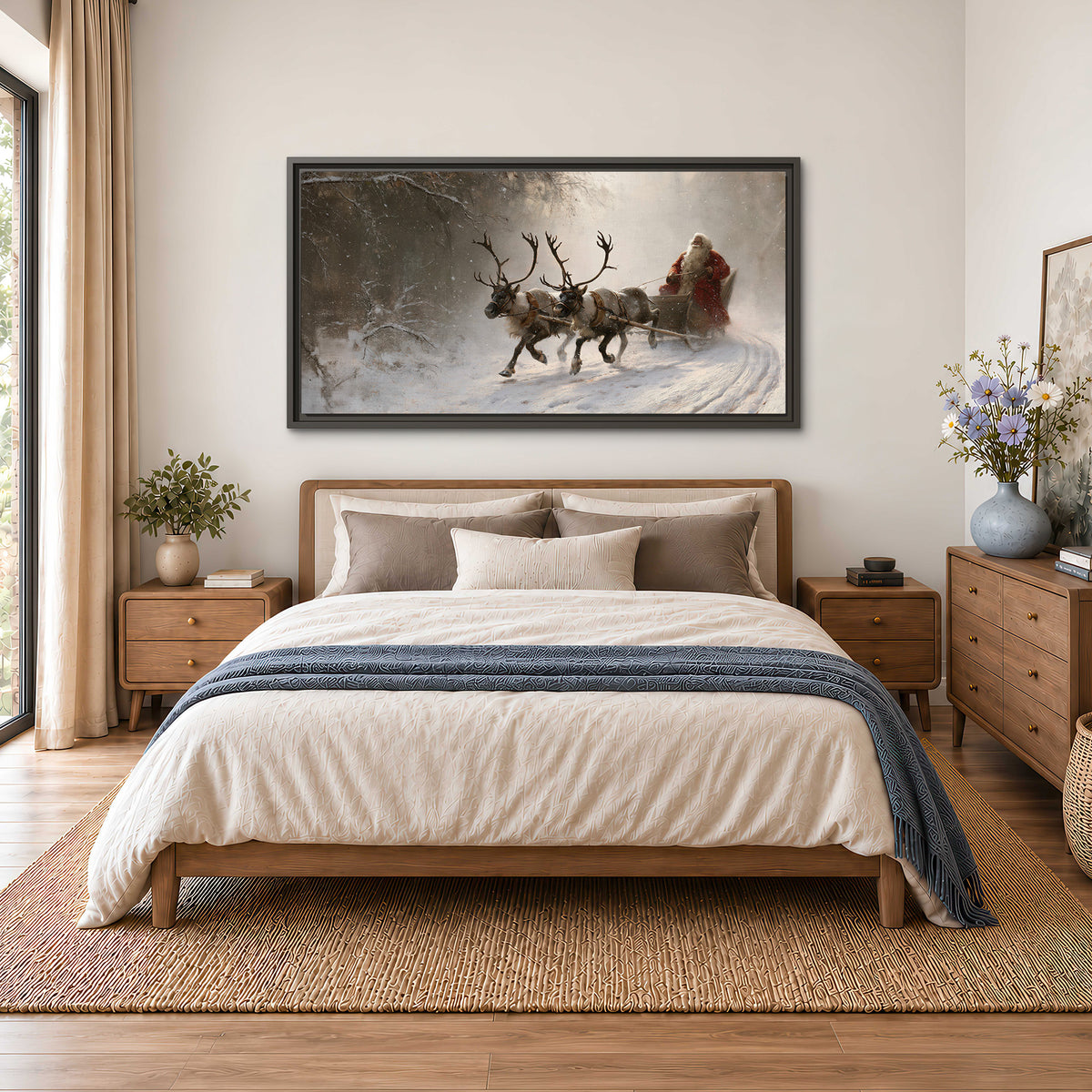 Santa riding a reindeer-drawn sleigh along a winding snowy woodland path single framed canvas wall art styled in an interior