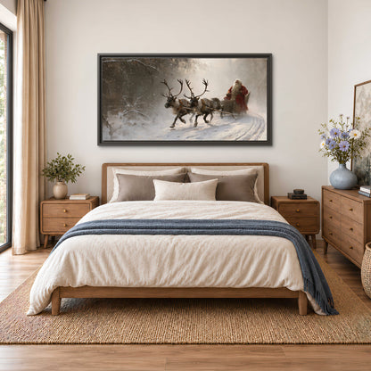 Santa riding a reindeer-drawn sleigh along a winding snowy woodland path single framed canvas wall art styled in an interior