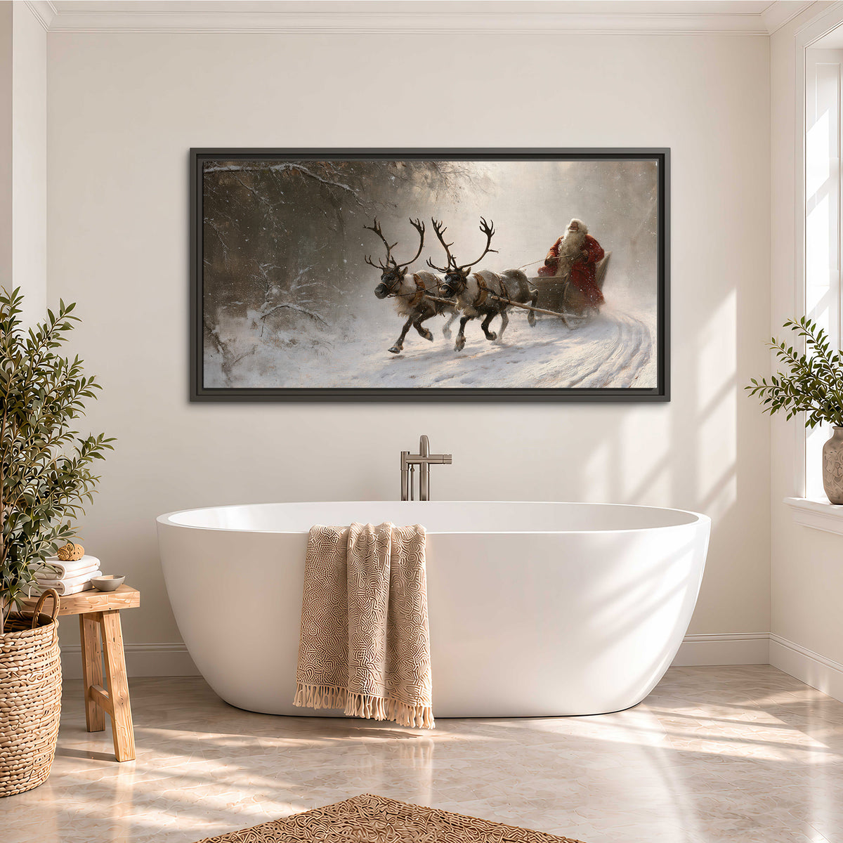 Santa riding a reindeer-drawn sleigh along a winding snowy woodland path single framed canvas wall art styled in an interior