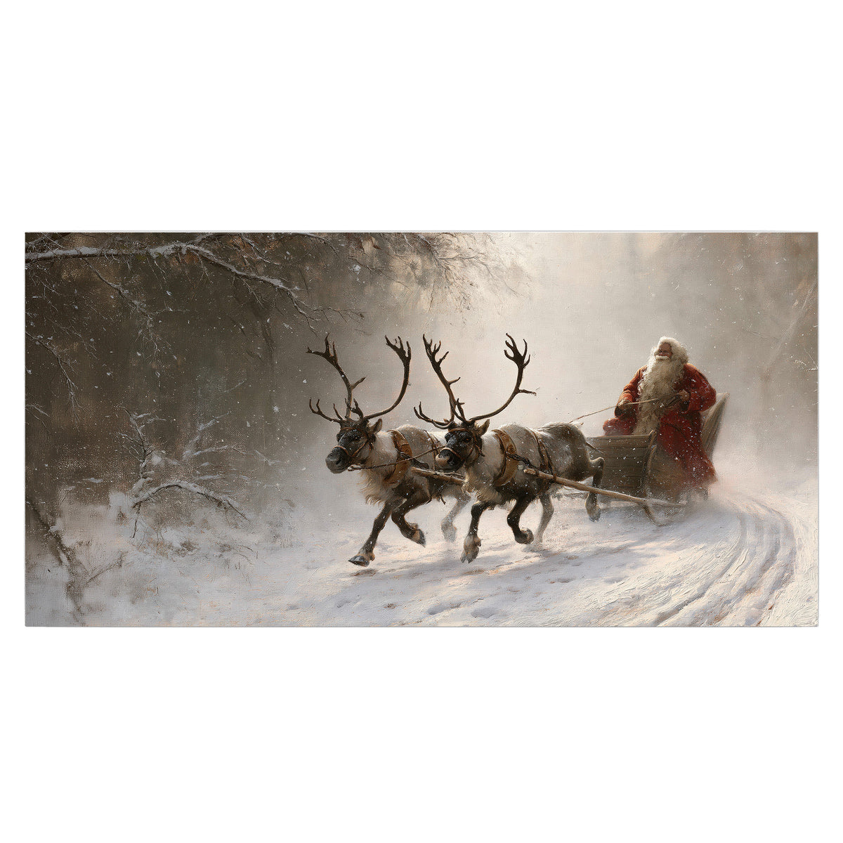 Santa riding a reindeer-drawn sleigh along a winding snowy woodland path single poster print viewed straight on