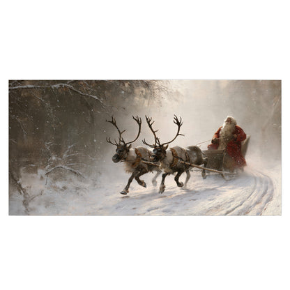 Santa riding a reindeer-drawn sleigh along a winding snowy woodland path single poster print viewed straight on