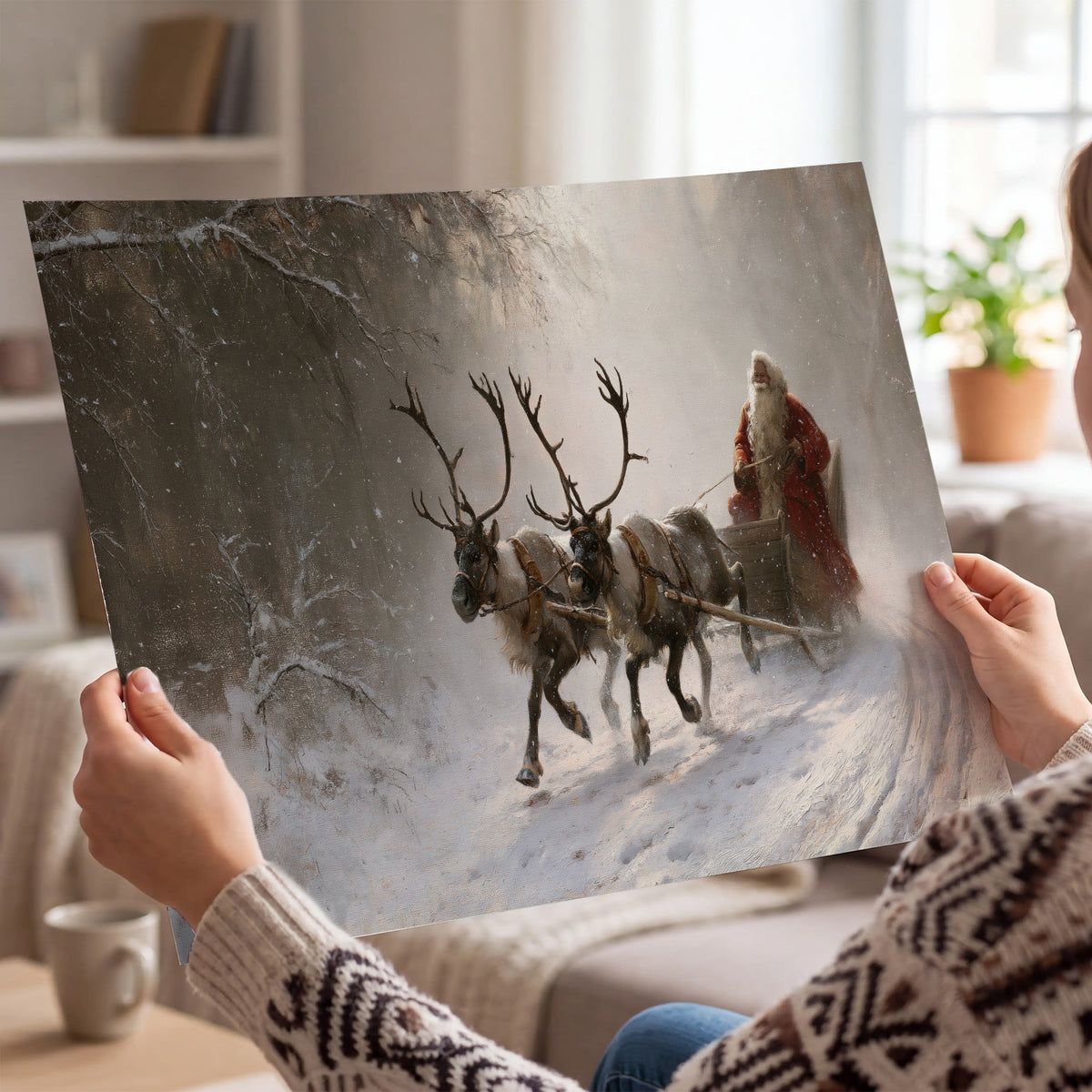 Santa riding a reindeer-drawn sleigh along a winding snowy woodland path single poster print held in hands