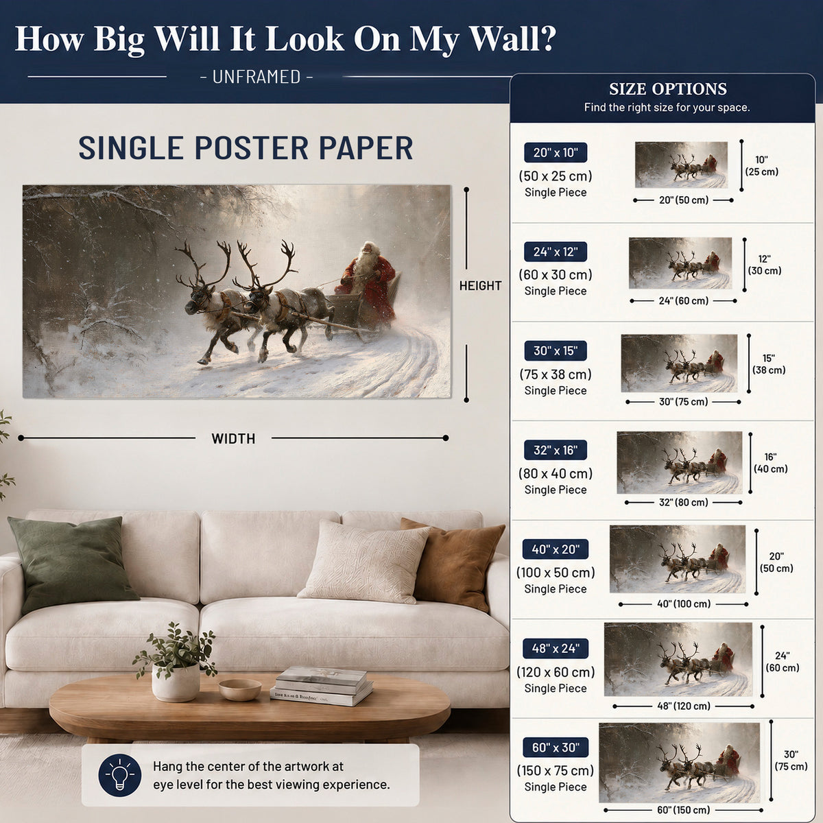 Santa riding a reindeer-drawn sleigh along a winding snowy woodland path single poster print size guide above a sofa; room view is illustrative