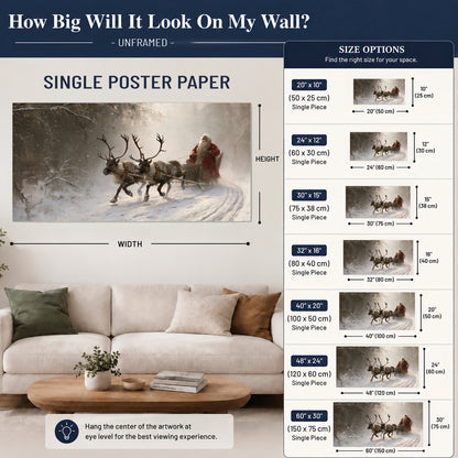 Santa riding a reindeer-drawn sleigh along a winding snowy woodland path single poster print size guide above a sofa; room view is illustrative