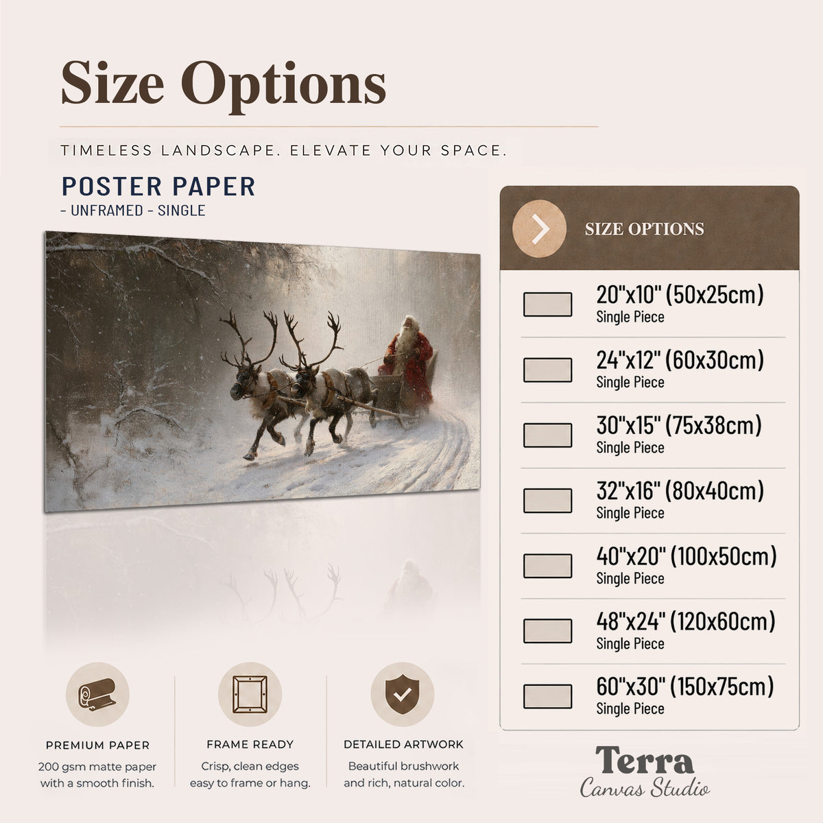 Santa riding a reindeer-drawn sleigh along a winding snowy woodland path single poster print available dimensions