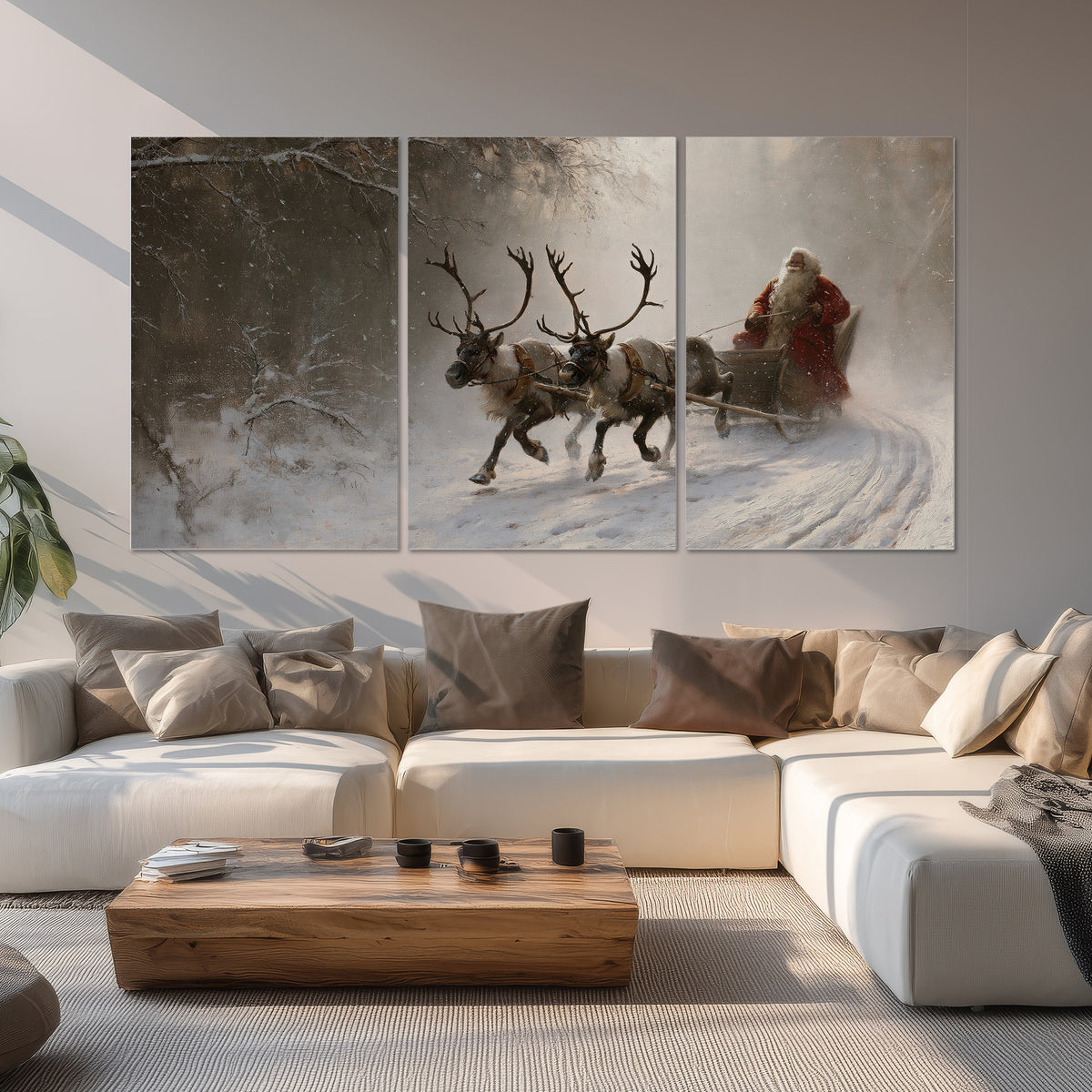 Santa riding a reindeer-drawn sleigh along a winding snowy woodland path set of 3 poster prints displayed in a living room
