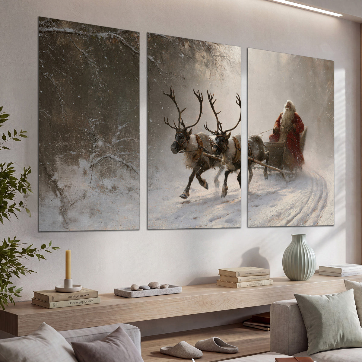 Santa riding a reindeer-drawn sleigh along a winding snowy woodland path set of 3 poster prints displayed in a console