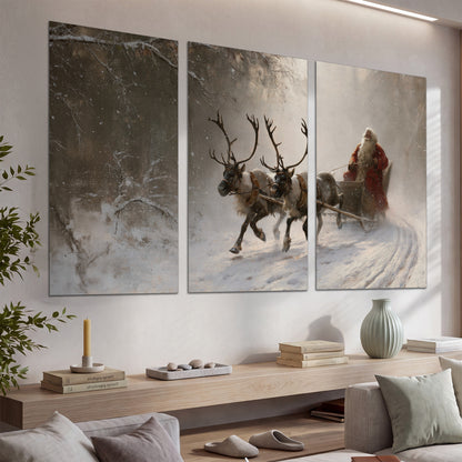 Santa riding a reindeer-drawn sleigh along a winding snowy woodland path set of 3 poster prints displayed in a console