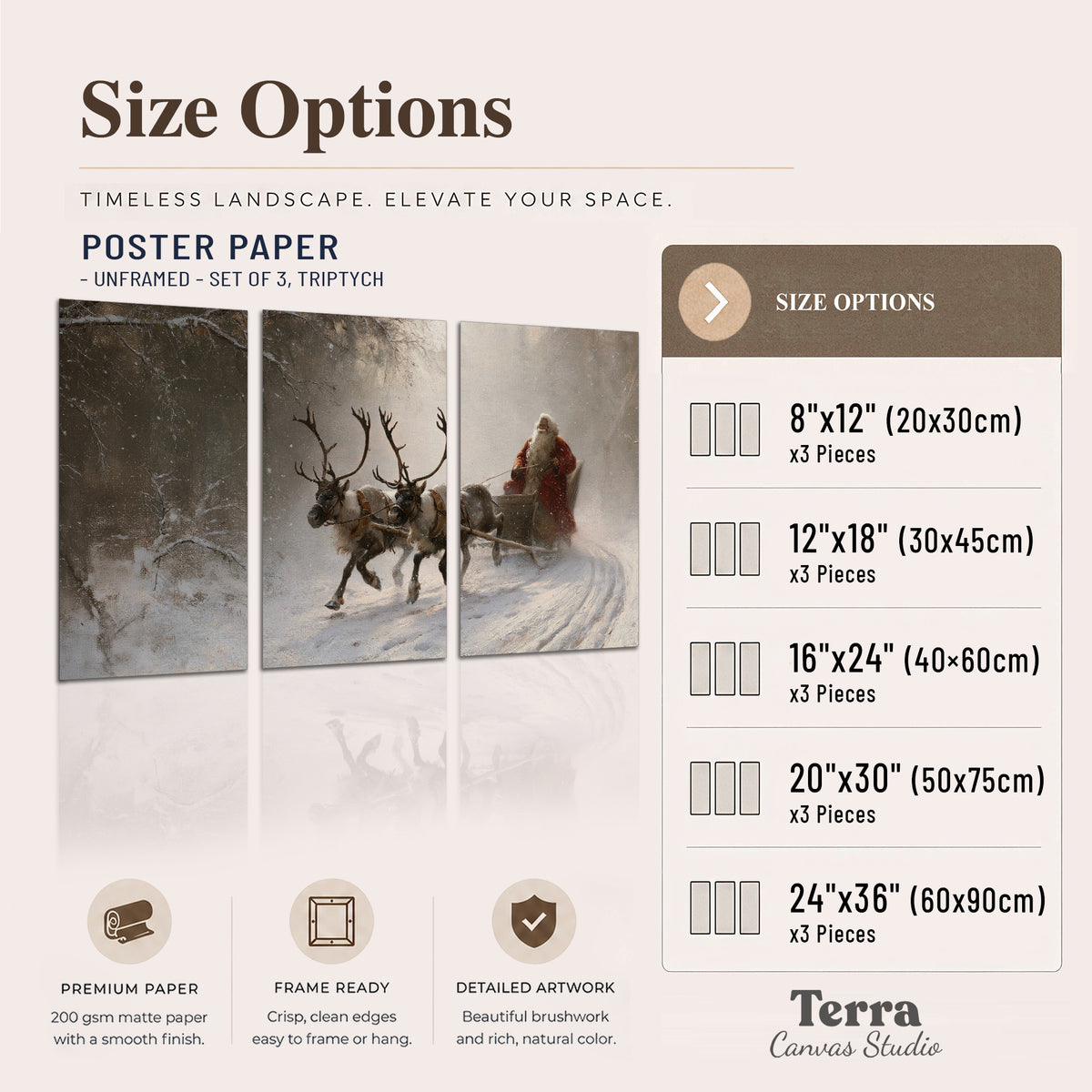 Santa riding a reindeer-drawn sleigh along a winding snowy woodland path set of 3 poster prints available dimensions; triptych dimensions are per panel