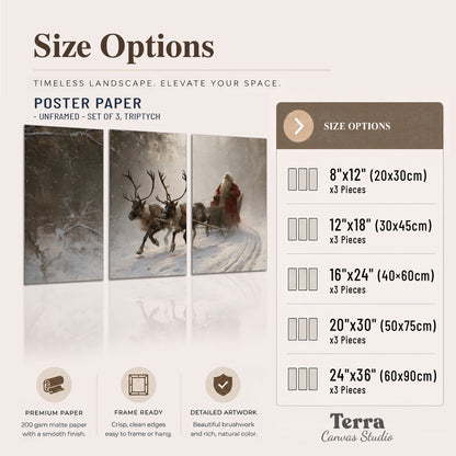 Santa riding a reindeer-drawn sleigh along a winding snowy woodland path set of 3 poster prints available dimensions; triptych dimensions are per panel