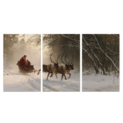 A reindeer team pulling Santa through a quiet snow-covered forest 3 piece canvas wall art viewed straight on