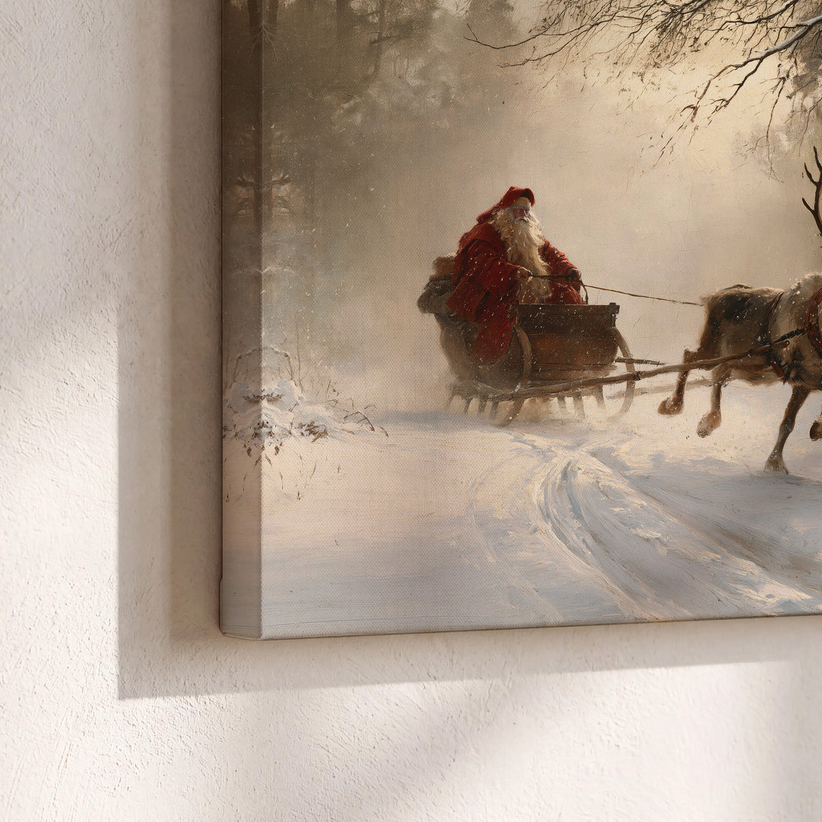 A reindeer team pulling Santa through a quiet snow-covered forest 3 piece canvas wall art material and edge close up