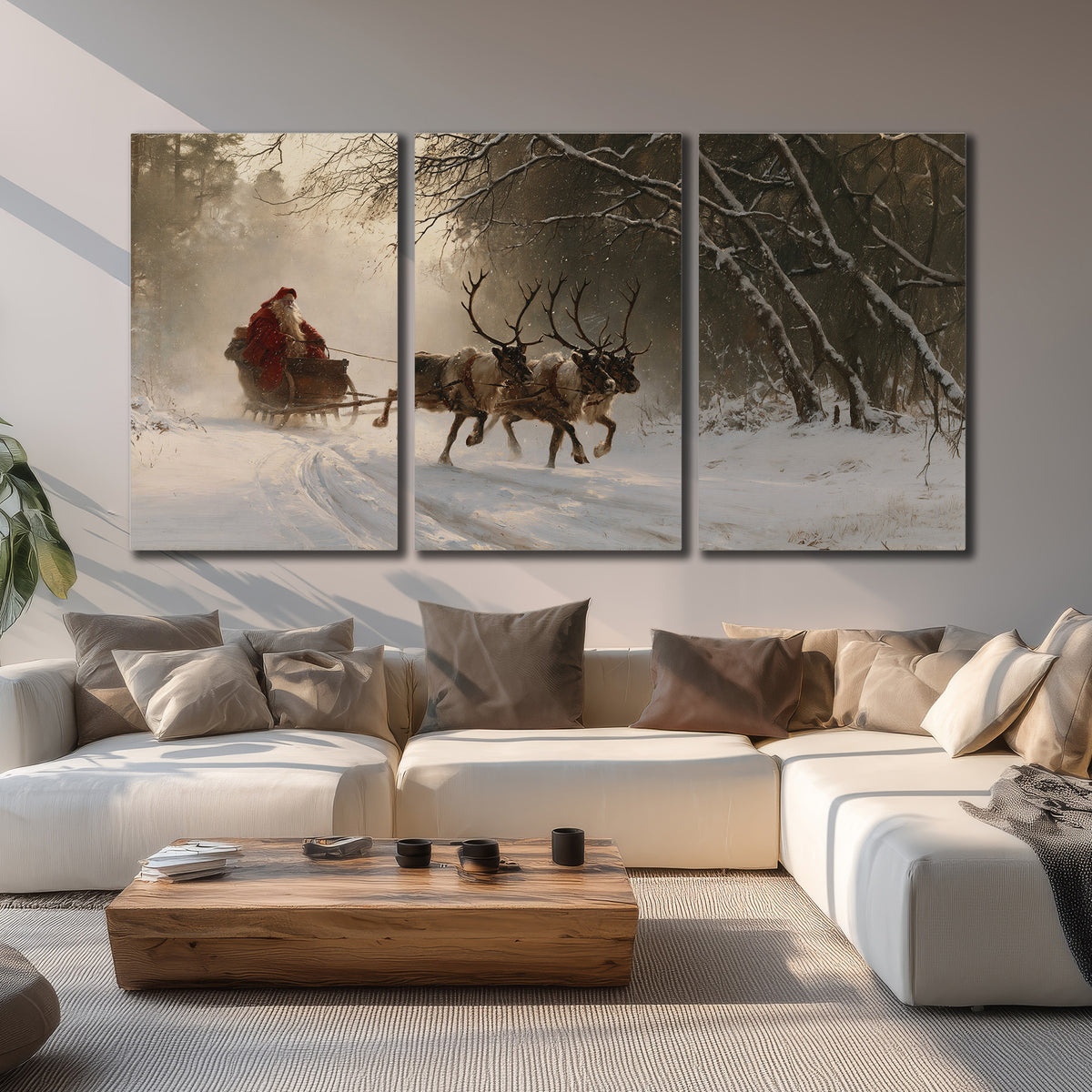 A reindeer team pulling Santa through a quiet snow-covered forest 3 piece canvas wall art displayed in a living room
