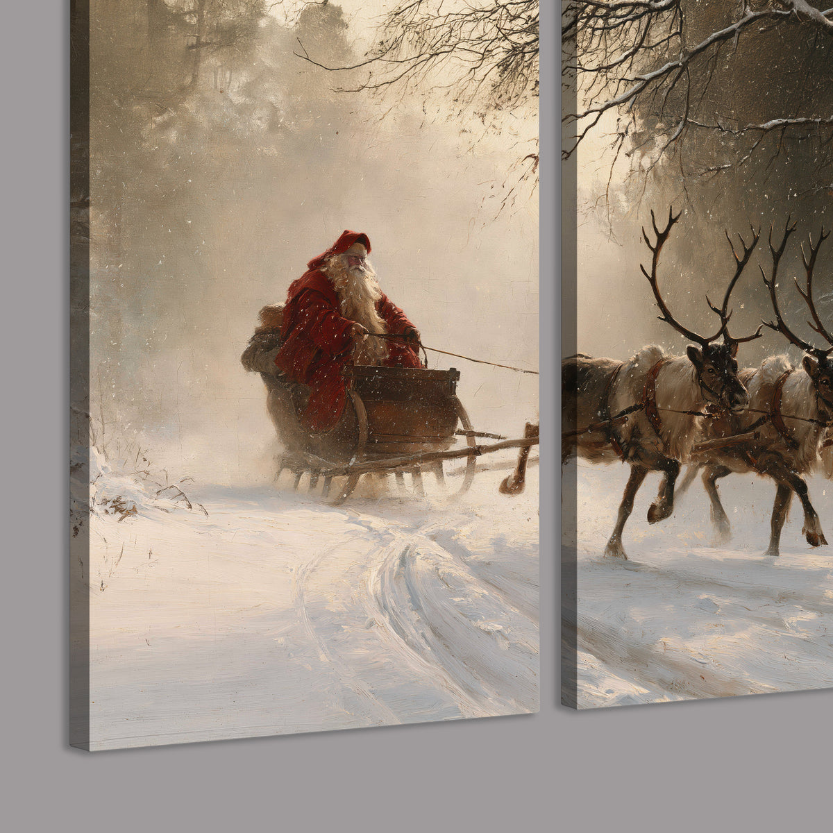A reindeer team pulling Santa through a quiet snow-covered forest 3 piece canvas wall art room and product view