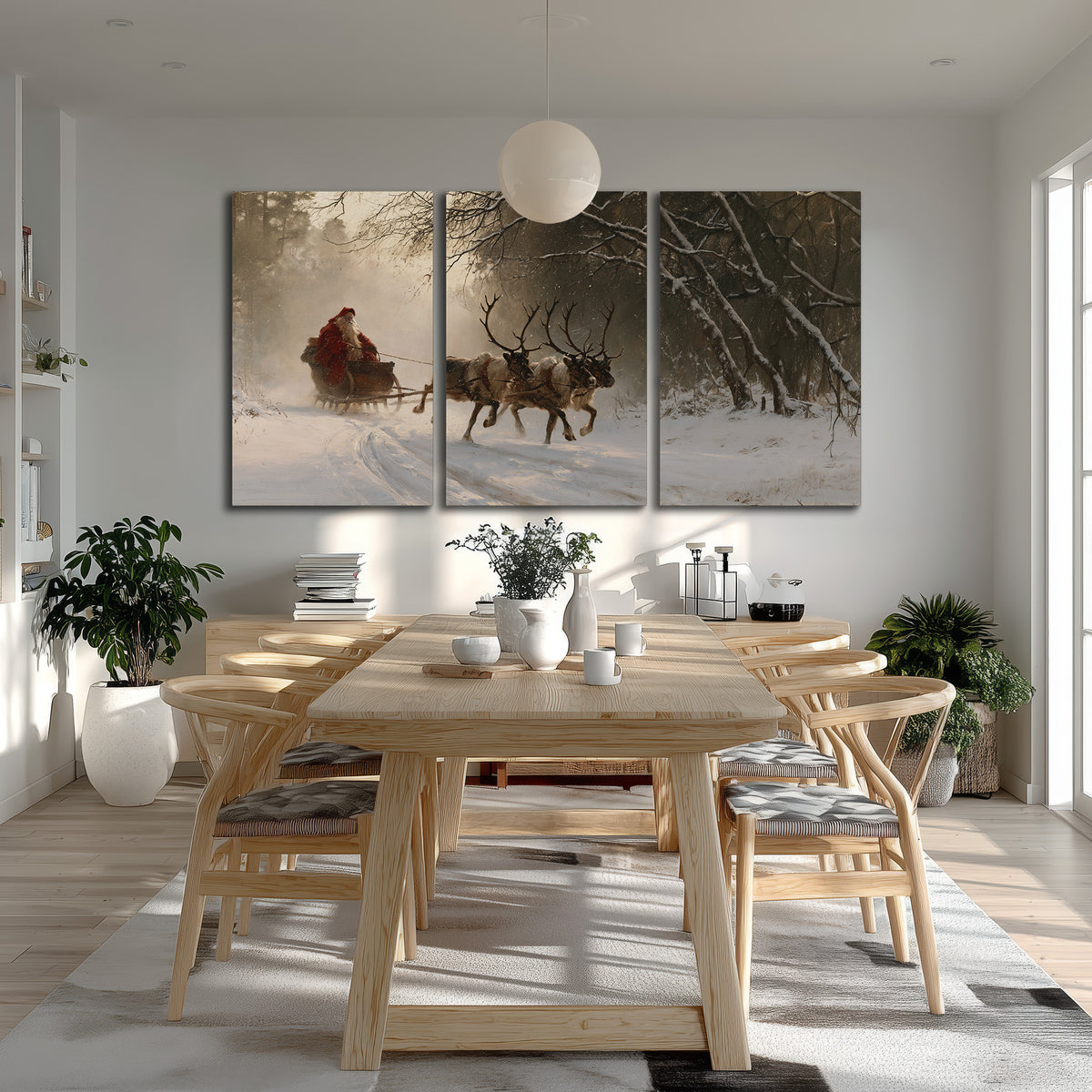 A reindeer team pulling Santa through a quiet snow-covered forest 3 piece canvas wall art room and product view
