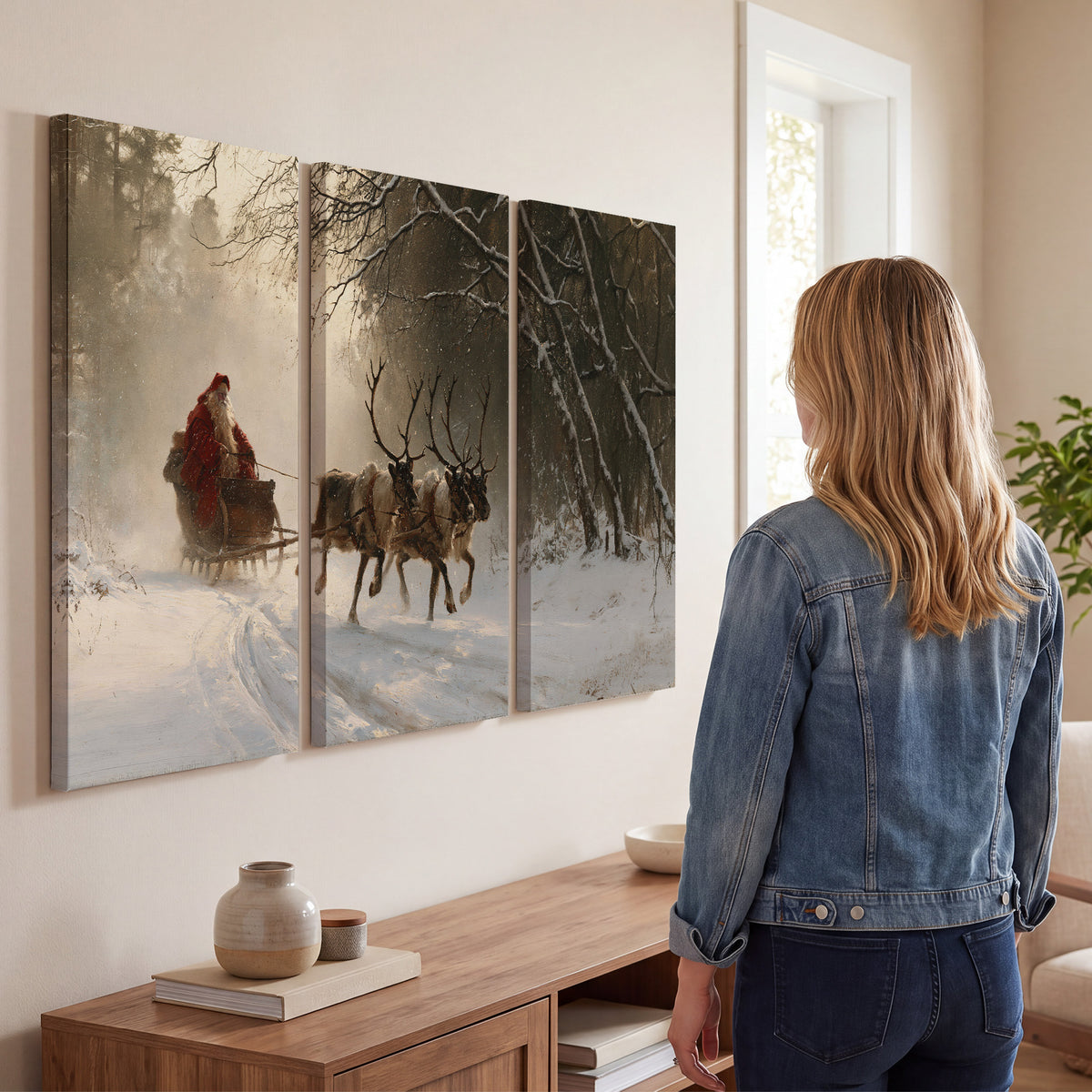 A reindeer team pulling Santa through a quiet snow-covered forest 3 piece canvas wall art three panel arrangement on a wall