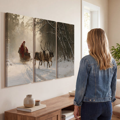 A reindeer team pulling Santa through a quiet snow-covered forest 3 piece canvas wall art three panel arrangement on a wall