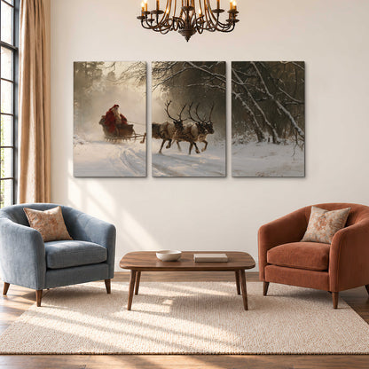 A reindeer team pulling Santa through a quiet snow-covered forest 3 piece canvas wall art styled in an interior