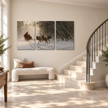 A reindeer team pulling Santa through a quiet snow-covered forest 3 piece canvas wall art styled in an interior