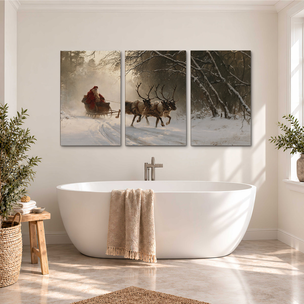 A reindeer team pulling Santa through a quiet snow-covered forest 3 piece canvas wall art styled in an interior