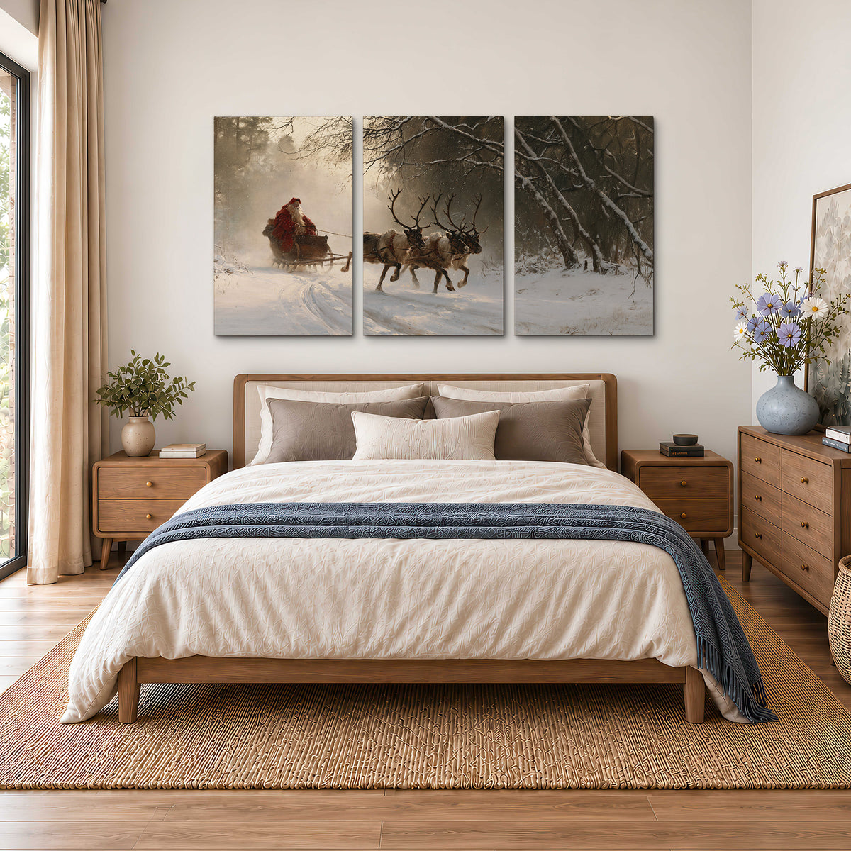 A reindeer team pulling Santa through a quiet snow-covered forest 3 piece canvas wall art styled in an interior