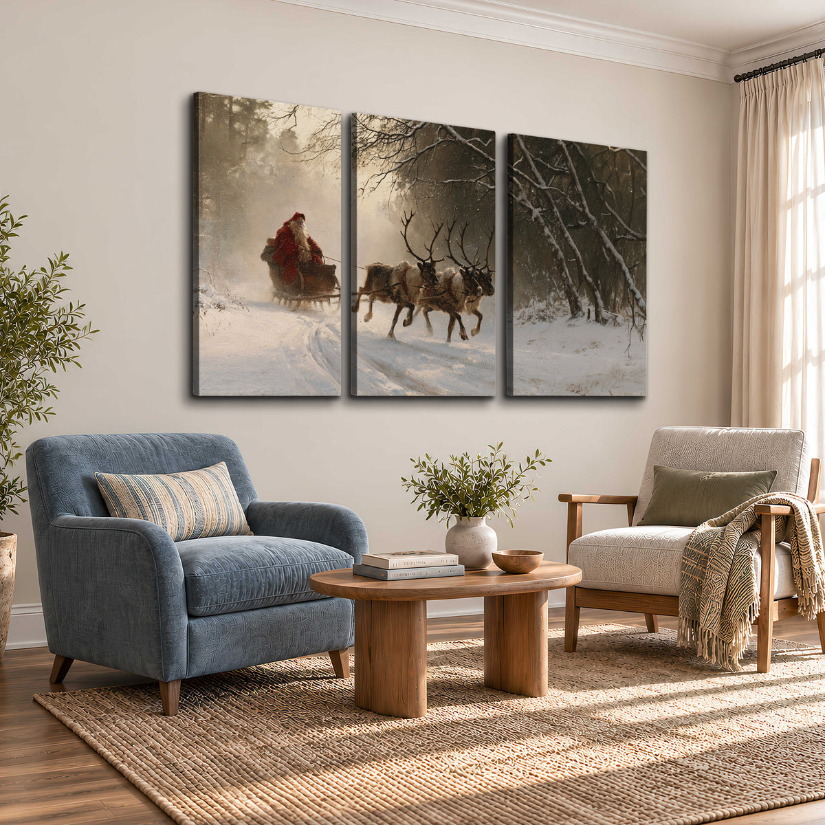 A reindeer team pulling Santa through a quiet snow-covered forest 3 piece canvas wall art styled in an interior
