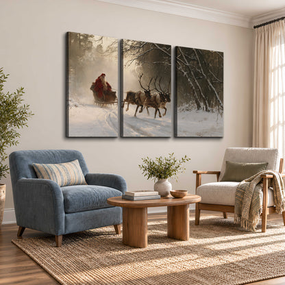 A reindeer team pulling Santa through a quiet snow-covered forest 3 piece canvas wall art styled in an interior