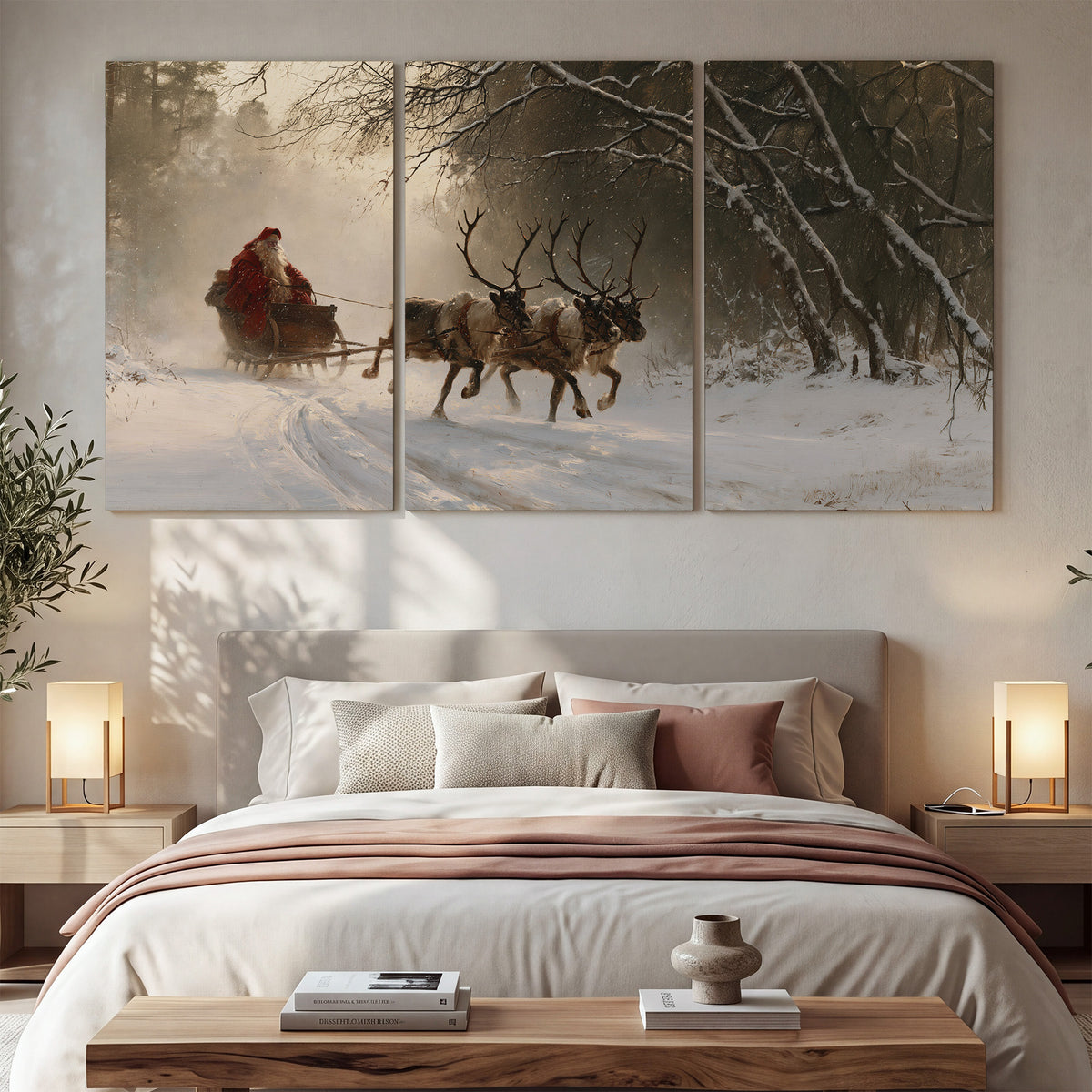 A reindeer team pulling Santa through a quiet snow-covered forest 3 piece canvas wall art displayed in a bedroom