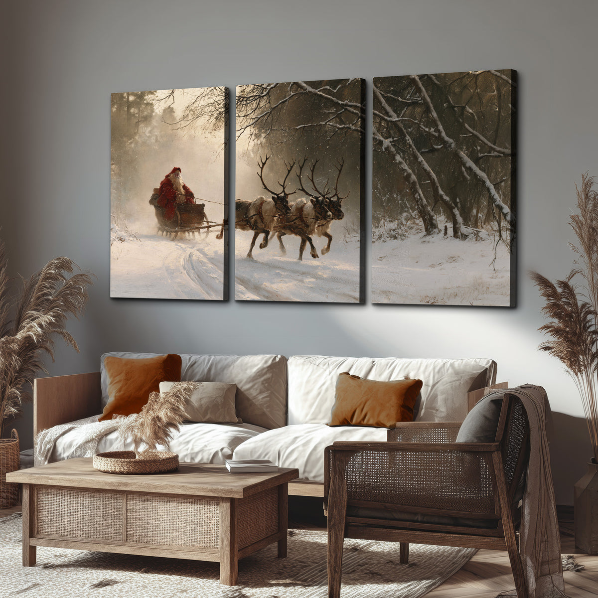 A reindeer team pulling Santa through a quiet snow-covered forest 3 piece canvas wall art displayed in a rustic living room