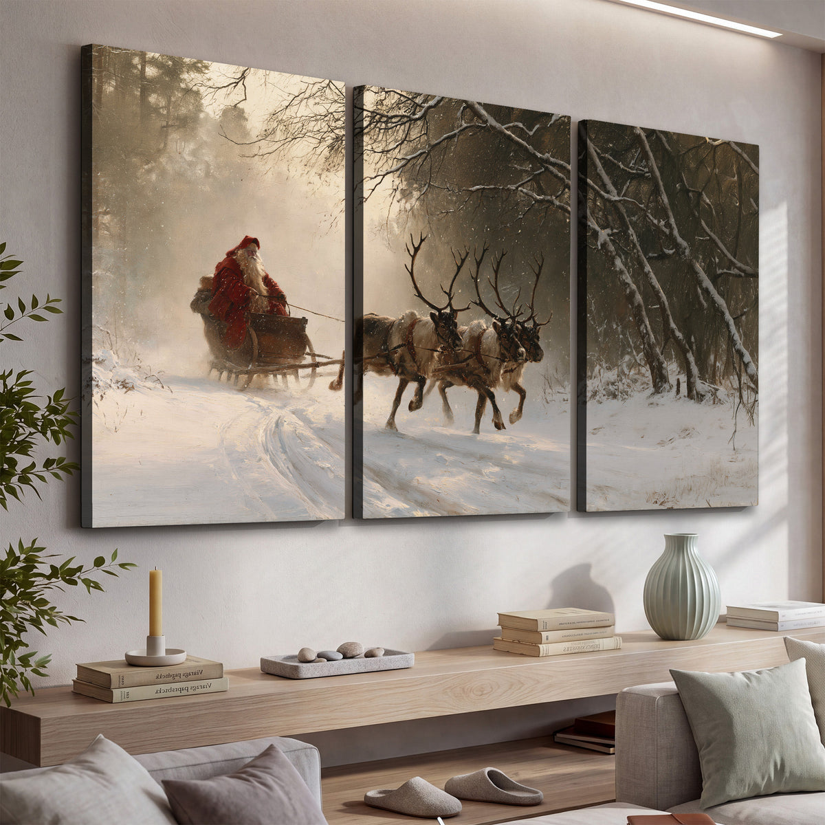 A reindeer team pulling Santa through a quiet snow-covered forest 3 piece canvas wall art displayed in a console