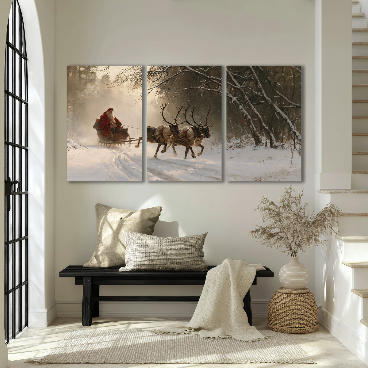 A reindeer team pulling Santa through a quiet snow-covered forest 3 piece canvas wall art displayed in a entryway
