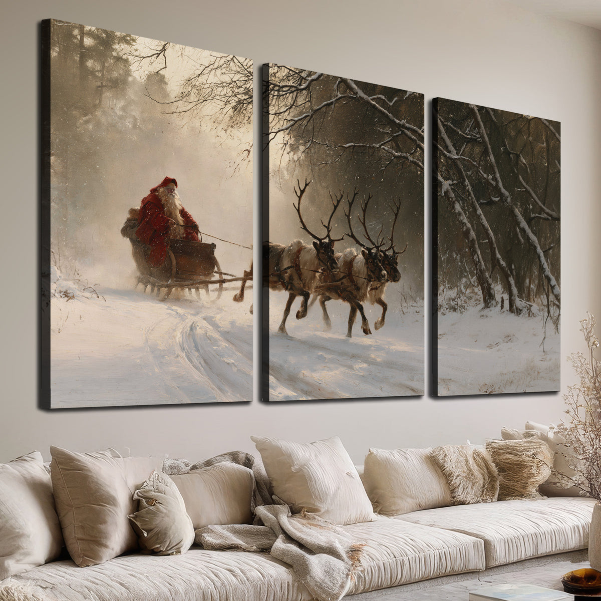 A reindeer team pulling Santa through a quiet snow-covered forest 3 piece canvas wall art room and product view