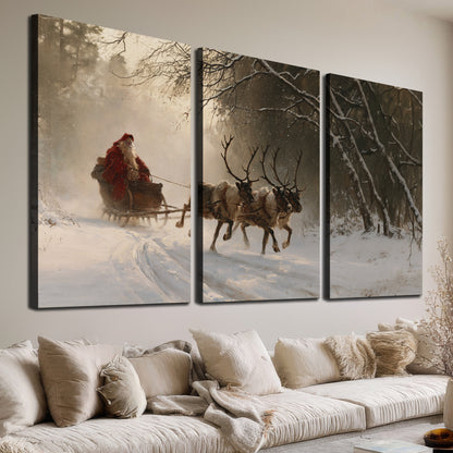 A reindeer team pulling Santa through a quiet snow-covered forest 3 piece canvas wall art room and product view