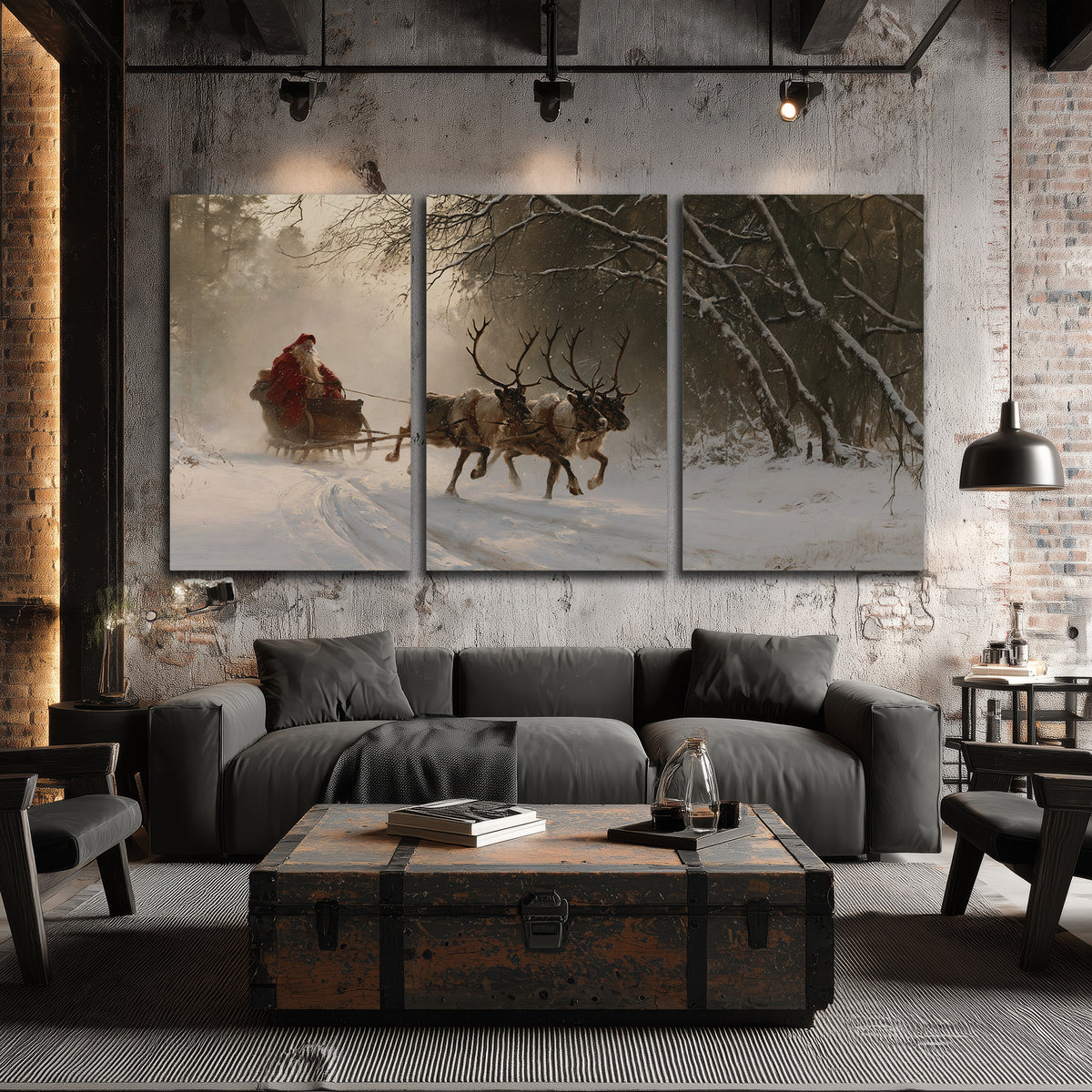 A reindeer team pulling Santa through a quiet snow-covered forest 3 piece canvas wall art displayed in a industrial room