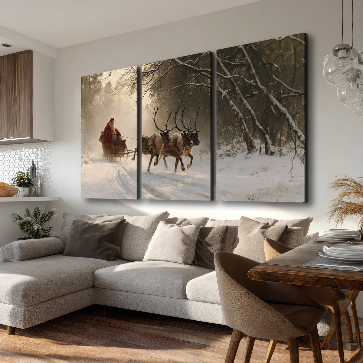A reindeer team pulling Santa through a quiet snow-covered forest 3 piece canvas wall art room and product view