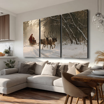 A reindeer team pulling Santa through a quiet snow-covered forest 3 piece canvas wall art room and product view