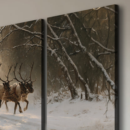 A reindeer team pulling Santa through a quiet snow-covered forest 3 piece canvas wall art room and product view