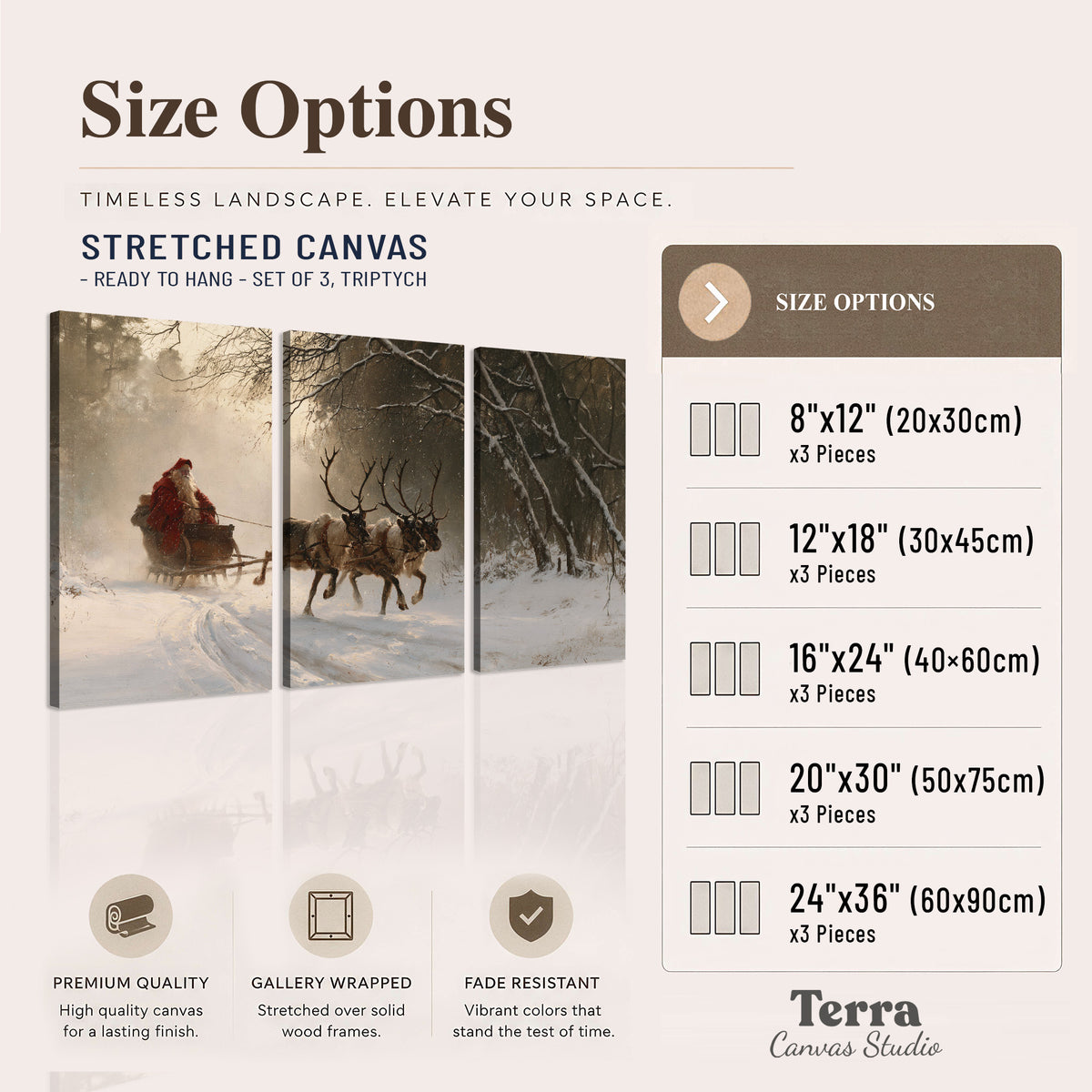 A reindeer team pulling Santa through a quiet snow-covered forest 3 piece canvas wall art available dimensions; triptych dimensions are per panel