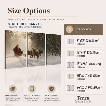 A reindeer team pulling Santa through a quiet snow-covered forest 3 piece canvas wall art available dimensions; triptych dimensions are per panel