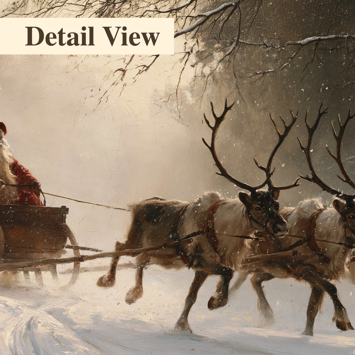 A reindeer team pulling Santa through a quiet snow-covered forest 3 piece canvas wall art artwork detail close up