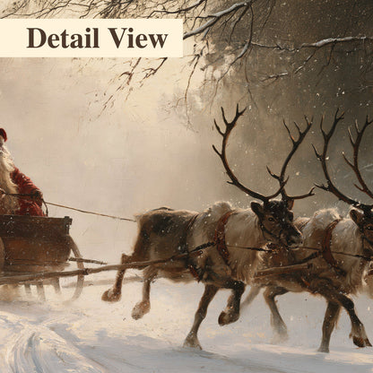 A reindeer team pulling Santa through a quiet snow-covered forest 3 piece canvas wall art artwork detail close up