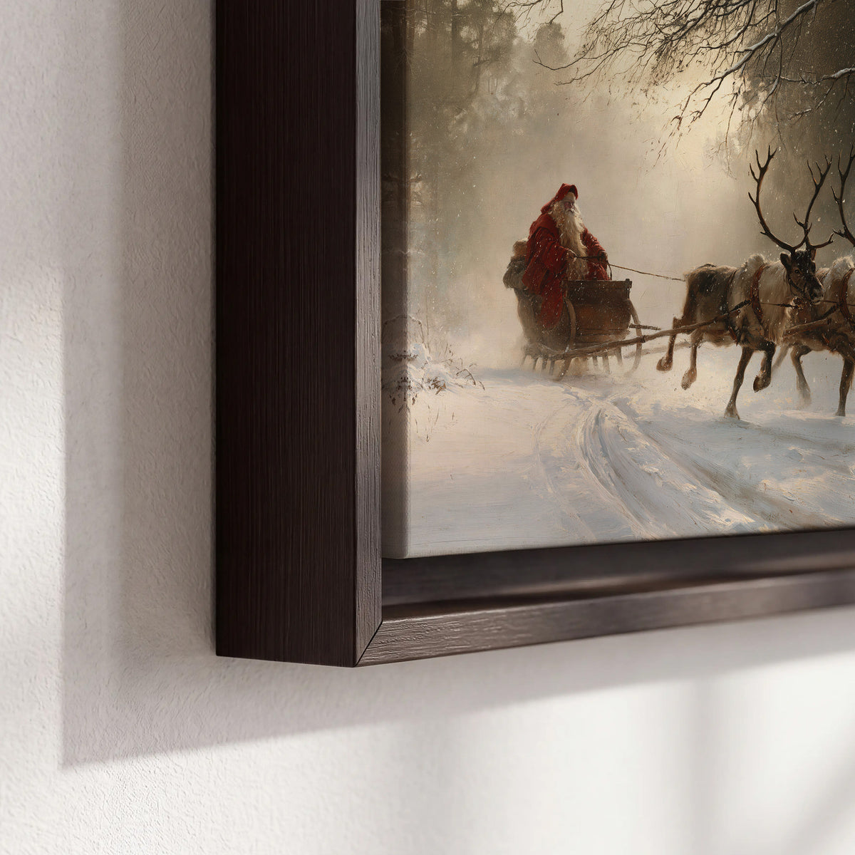 A reindeer team pulling Santa through a quiet snow-covered forest 3 piece framed canvas wall art material and edge close up