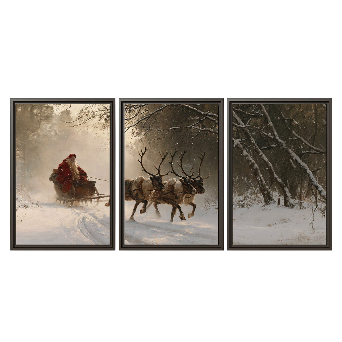A reindeer team pulling Santa through a quiet snow-covered forest 3 piece framed canvas wall art viewed straight on