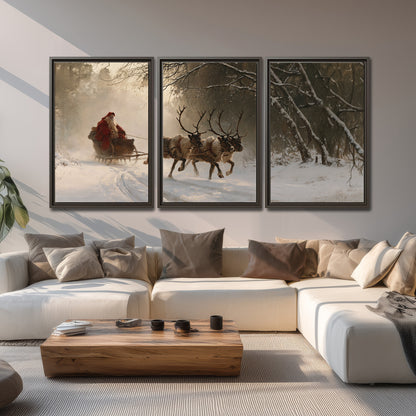 A reindeer team pulling Santa through a quiet snow-covered forest 3 piece framed canvas wall art displayed in a living room