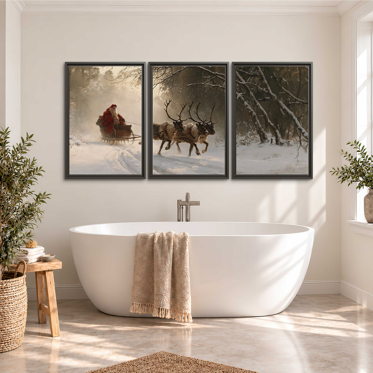 A reindeer team pulling Santa through a quiet snow-covered forest 3 piece framed canvas wall art styled in an interior