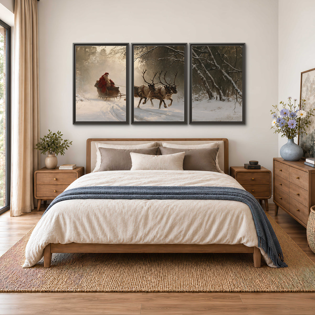A reindeer team pulling Santa through a quiet snow-covered forest 3 piece framed canvas wall art styled in an interior