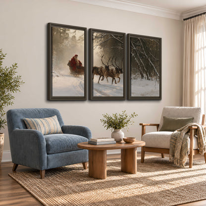A reindeer team pulling Santa through a quiet snow-covered forest 3 piece framed canvas wall art styled in an interior