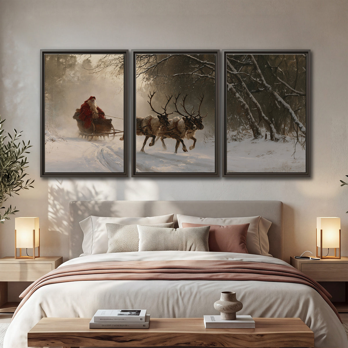 A reindeer team pulling Santa through a quiet snow-covered forest 3 piece framed canvas wall art displayed in a bedroom