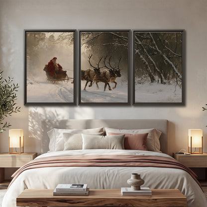 A reindeer team pulling Santa through a quiet snow-covered forest 3 piece framed canvas wall art displayed in a bedroom