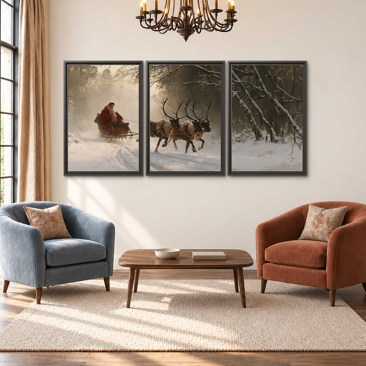 A reindeer team pulling Santa through a quiet snow-covered forest 3 piece framed canvas wall art styled in an interior
